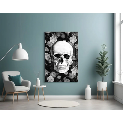 Black-and-white floral skull glass wall art on teal wall