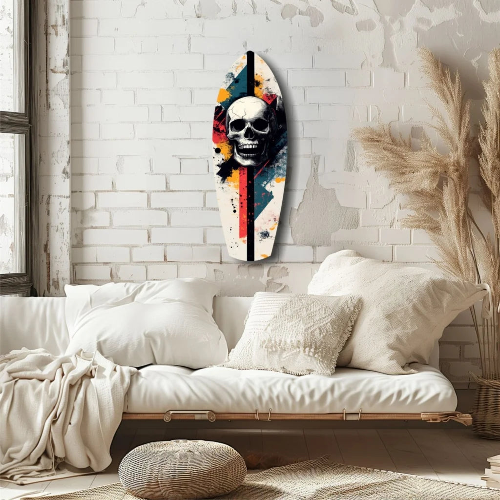 Vibrant skull surfboard tempered glass art with bold paint splashes