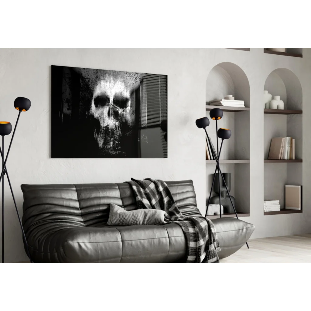 Gritty distressed skull canvas wall art in black and white print