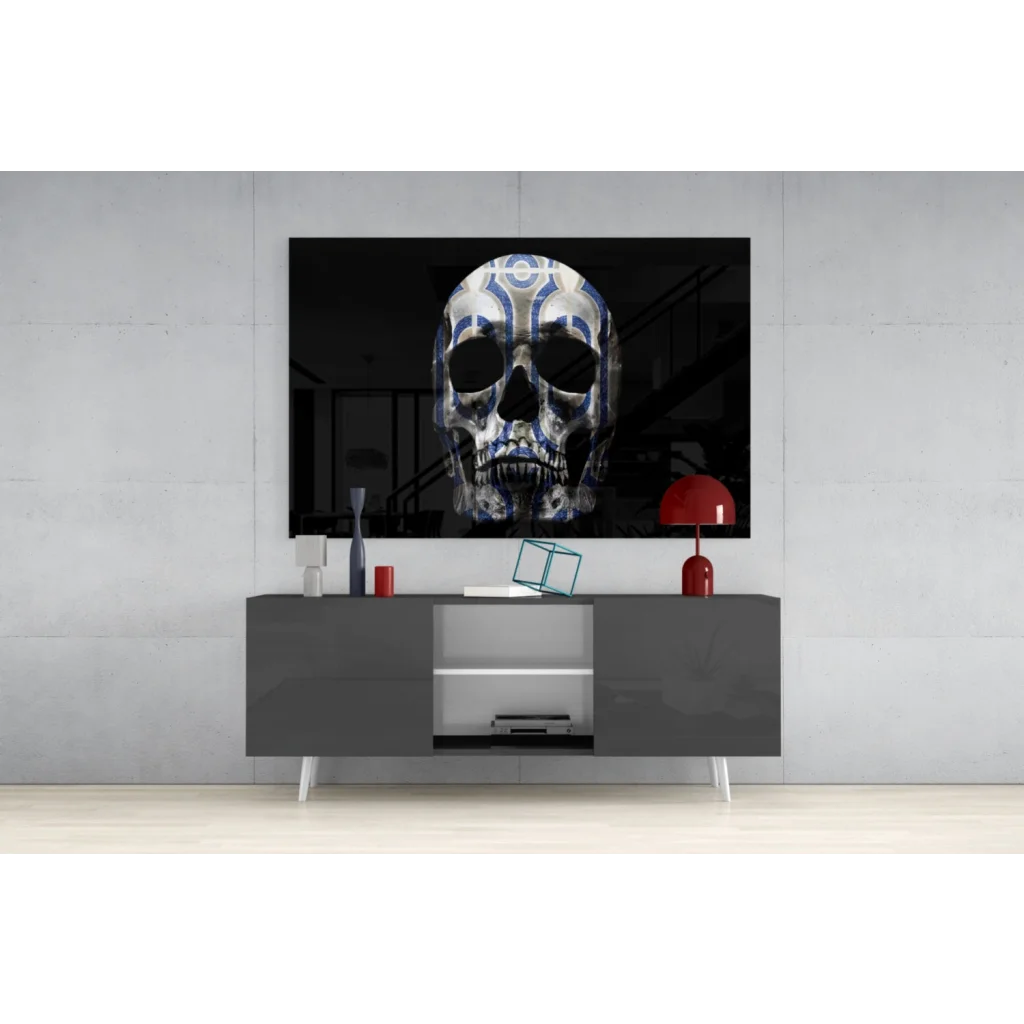 Striking black-and-white skull wall art with blue geometric patterns on canvas