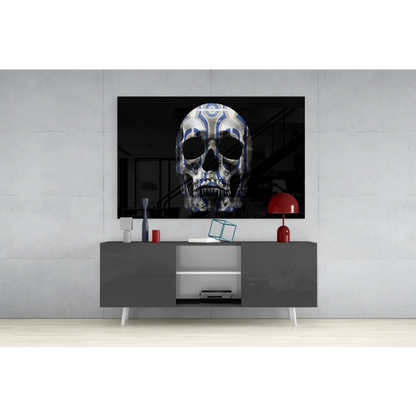 Striking black-and-white skull wall art with blue geometric patterns on canvas