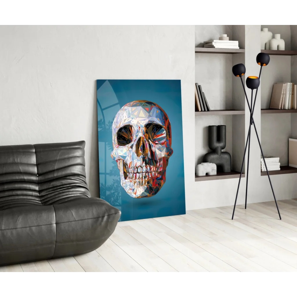 Vibrant geometric skull glass wall art in blue and gold on teal background