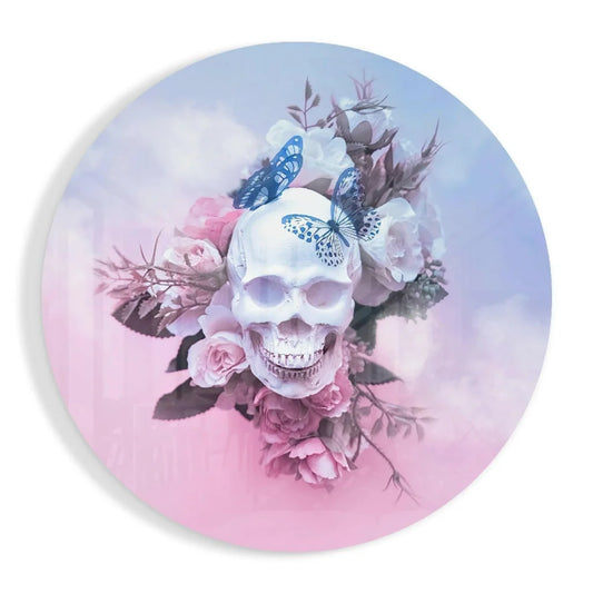 Butterfly Skull Tempered Glass Art with pink roses and blue butterflies