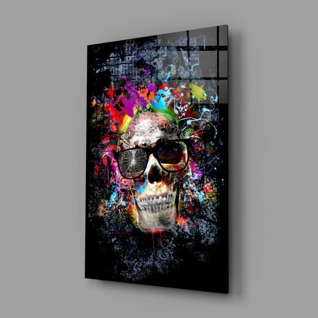 Vibrant graffiti skull in black sunglasses on neon glass wall art with color splashes