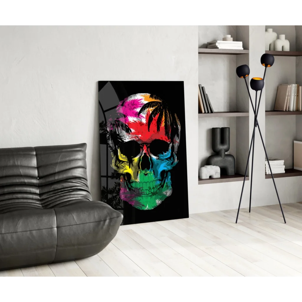 Vibrant rainbow skull glass wall art with palm trees on black
