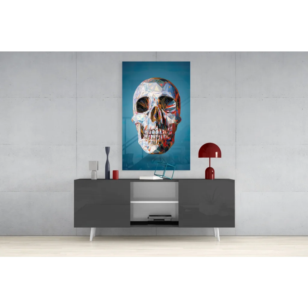 Vibrant geometric skull glass wall art in blue and gold