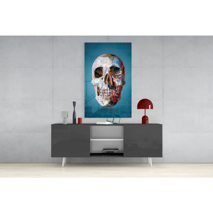 Vibrant geometric skull glass wall art in blue and gold