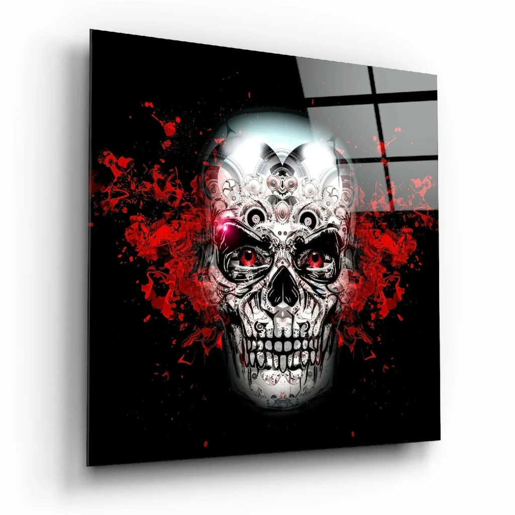 Glossy black glass wall art with white skull, red eyes, splatter and gears
