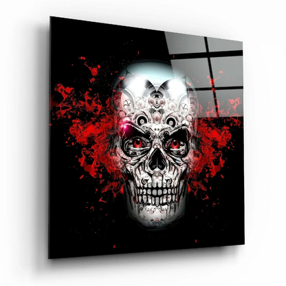 Glossy black glass wall art with white skull, red eyes, splatter and gears
