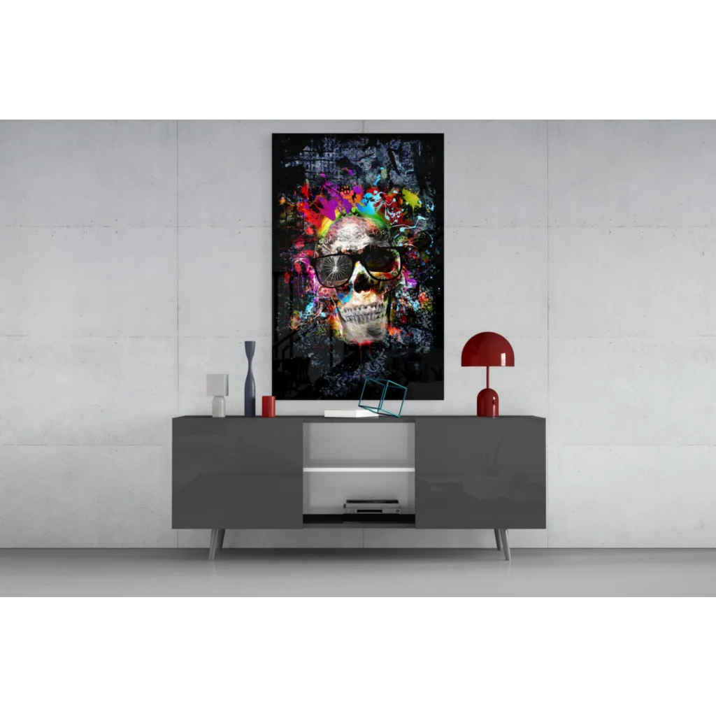 Vibrant neon skull glass wall art with colorful splashes on black background