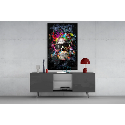 Vibrant neon skull glass wall art with colorful splashes on black background