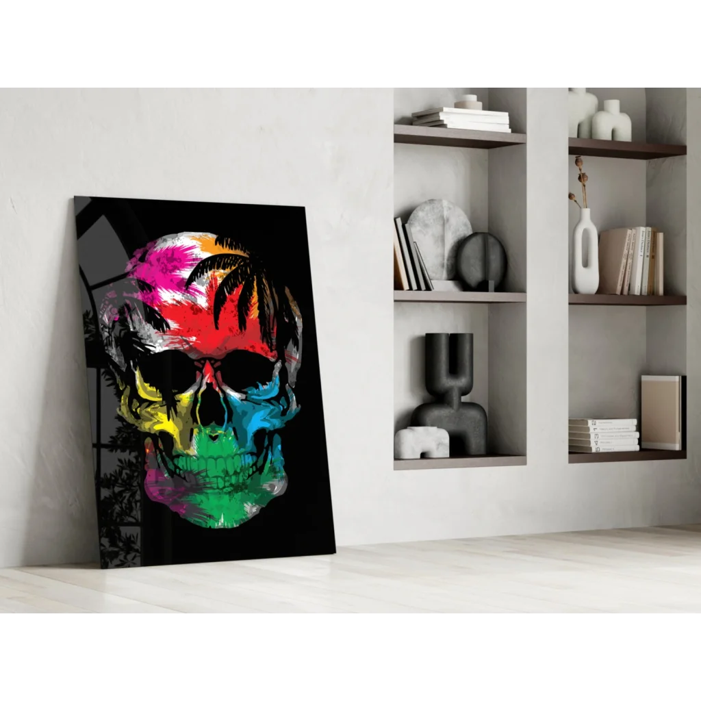 Vibrant multicolored skull glass wall art with tropical palm tree on black background