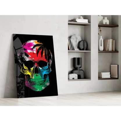 Vibrant multicolored skull glass wall art with tropical palm tree on black background