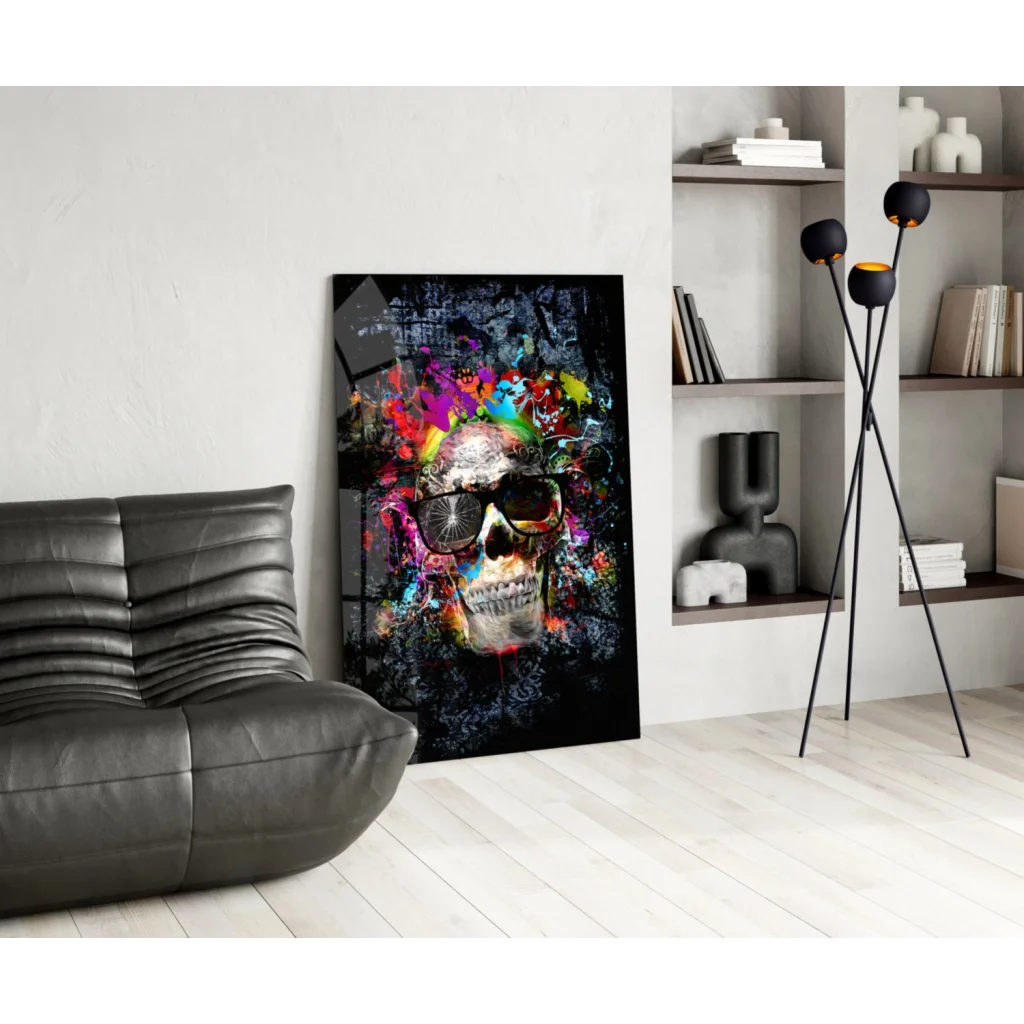 Vibrant neon skull glass wall art with explosive color splashes
