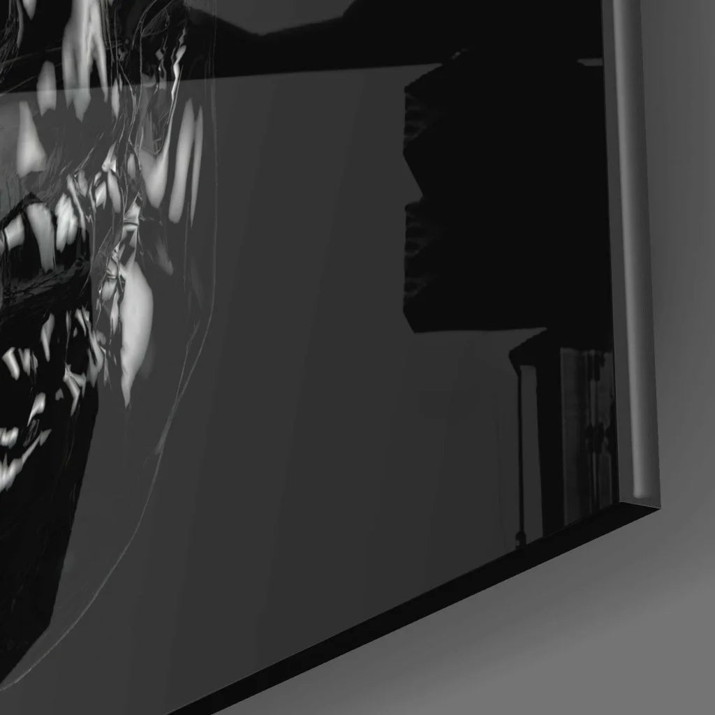 Glossy black skull glass wall art with abstract distorted reflections