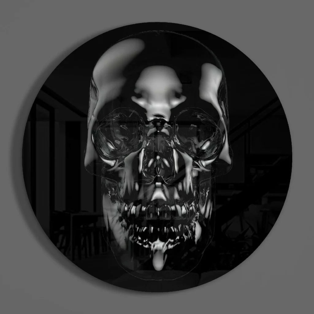 Glossy black skull tempered glass art with mirrored eyes and teeth