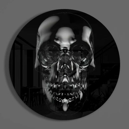 Glossy black skull tempered glass art with mirrored eyes and teeth