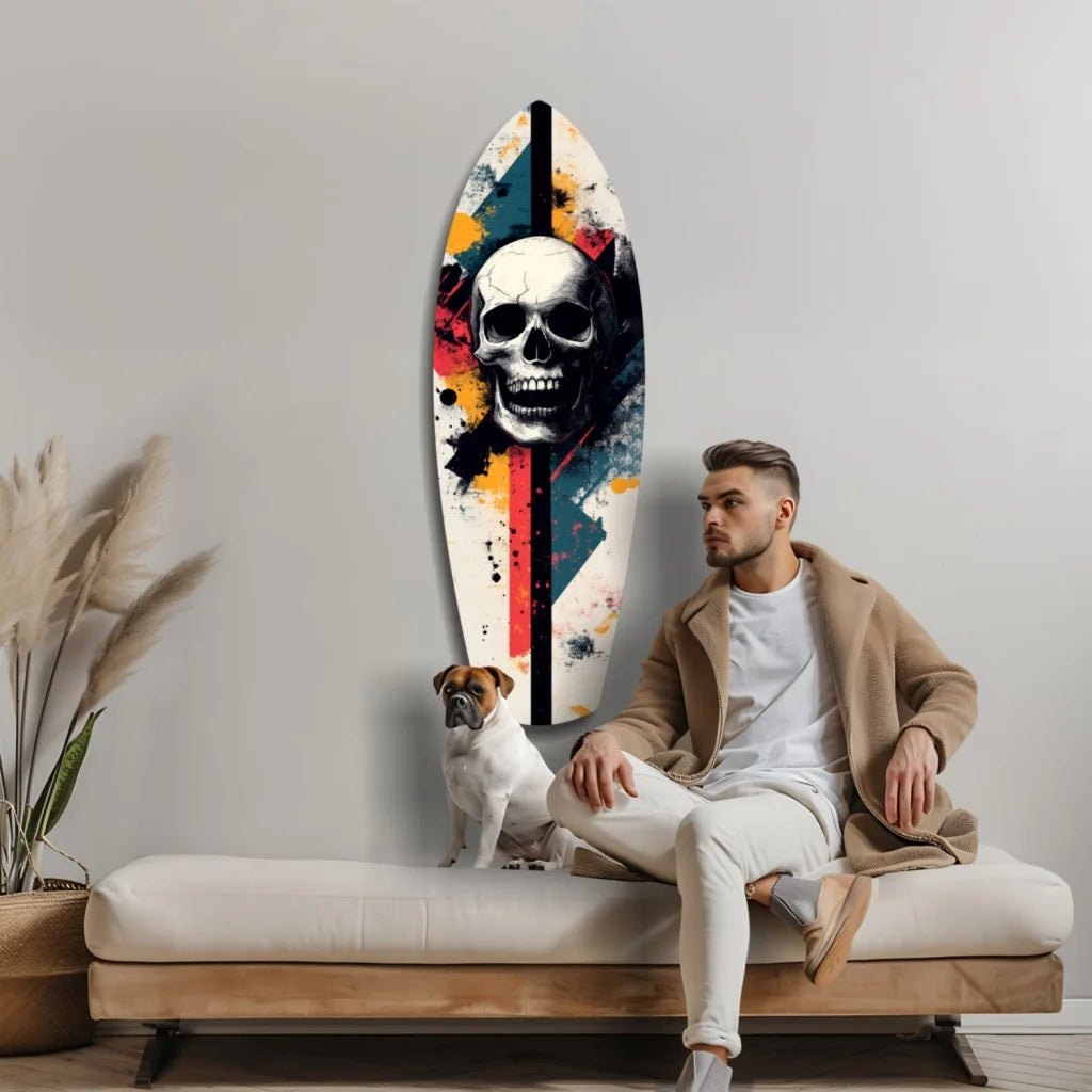 Vibrant skull surfboard tempered glass art with bold red, orange, teal splashes