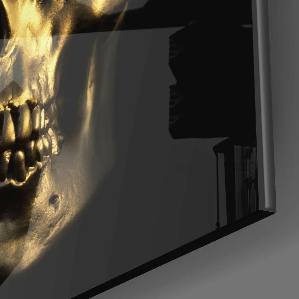 Glossy Gold Skull Glass Wall Art on Black Panel | Glass Wall Art Print | vintageantiquesgifts.com