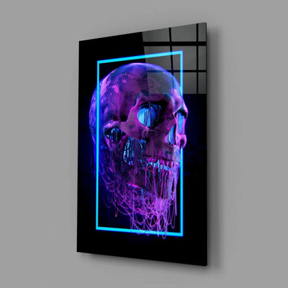 Glowing neon skull glass wall art in pink blue cyberpunk design