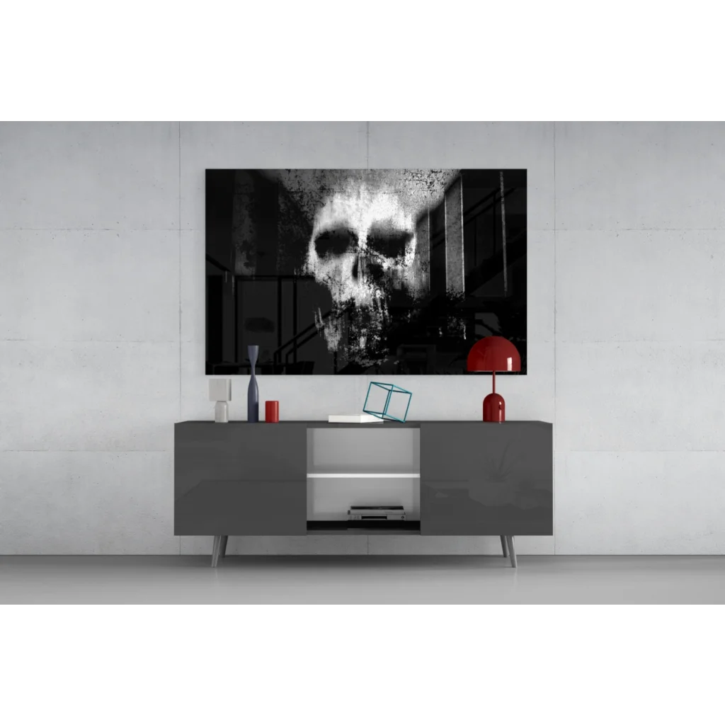 Gritty black and white textured skull wall art canvas print on wall