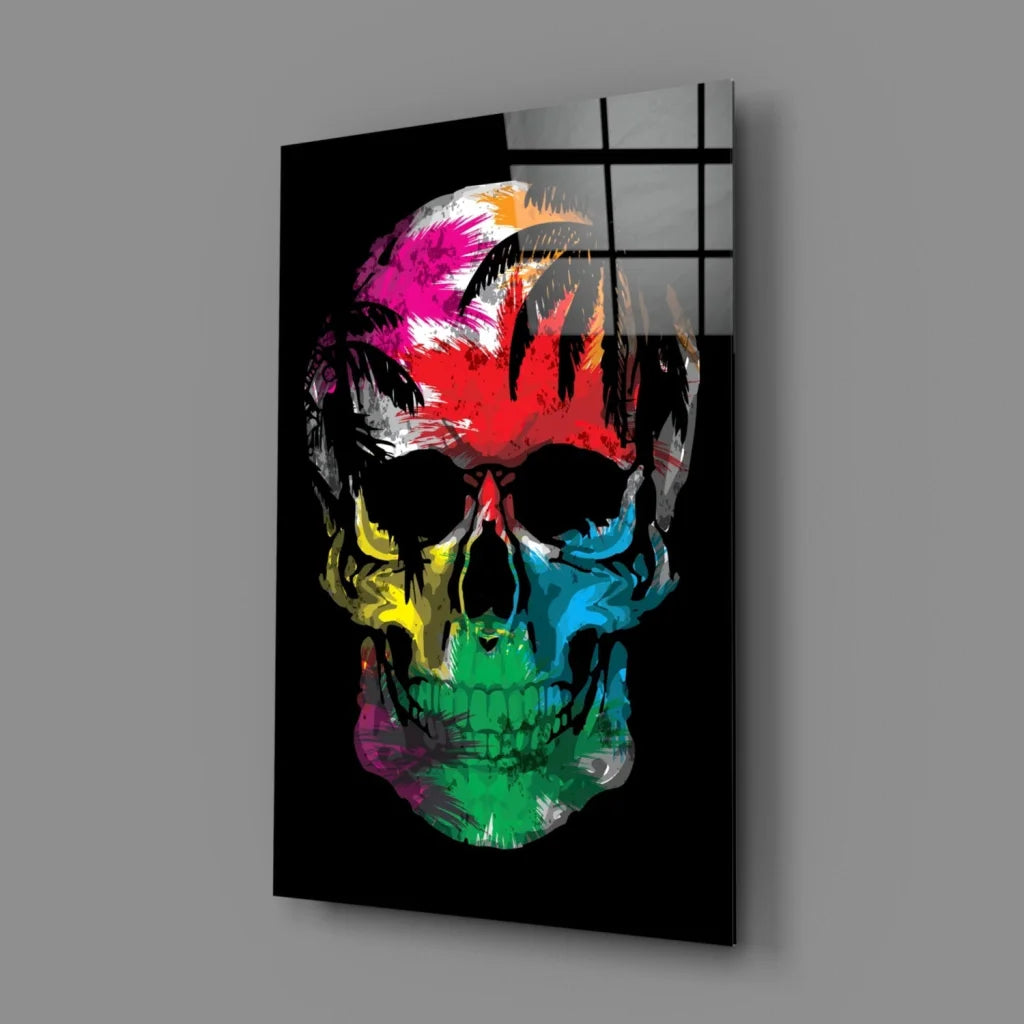 Vibrant multicolored skull glass wall art with tropical palms on black acrylic