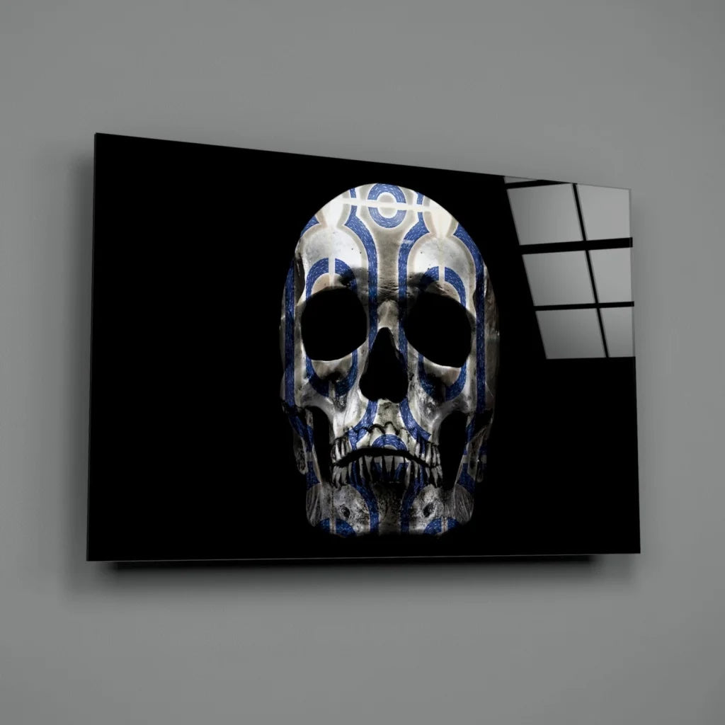 Geometric Skull Canvas Wall Art with Blue Tilework Design | Glass Wall Art Print | vintageantiquesgifts.com