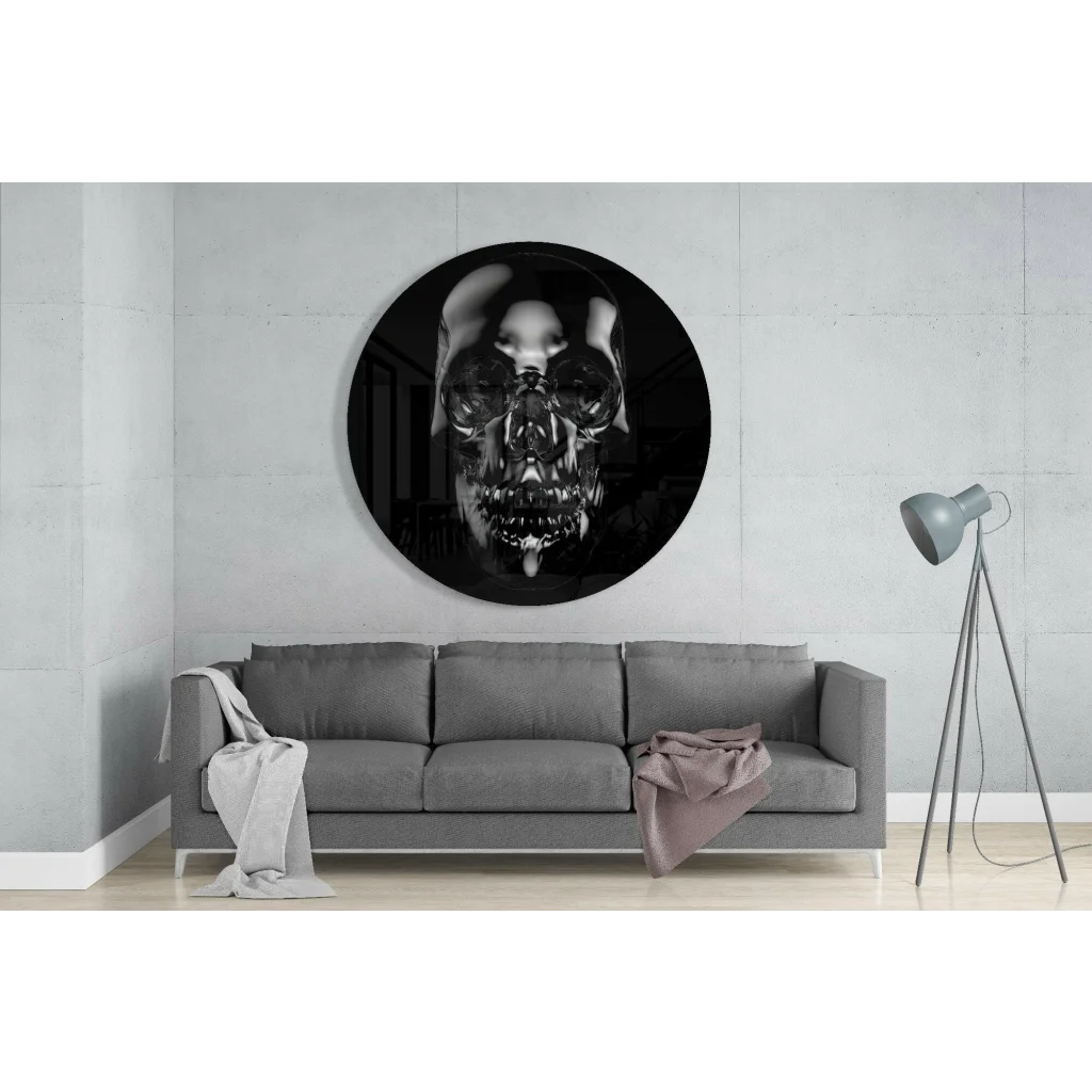 Glossy black skull tempered glass art with mirrored eyes and teeth