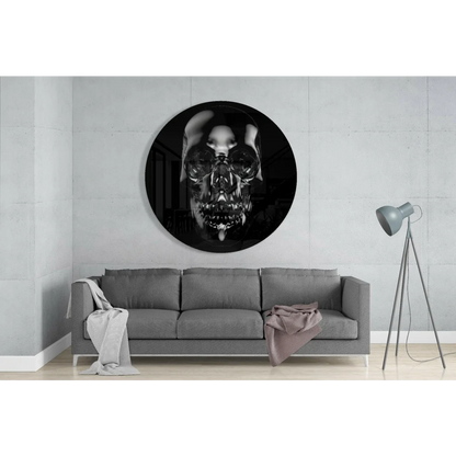 Glossy black skull tempered glass art with mirrored eyes and teeth