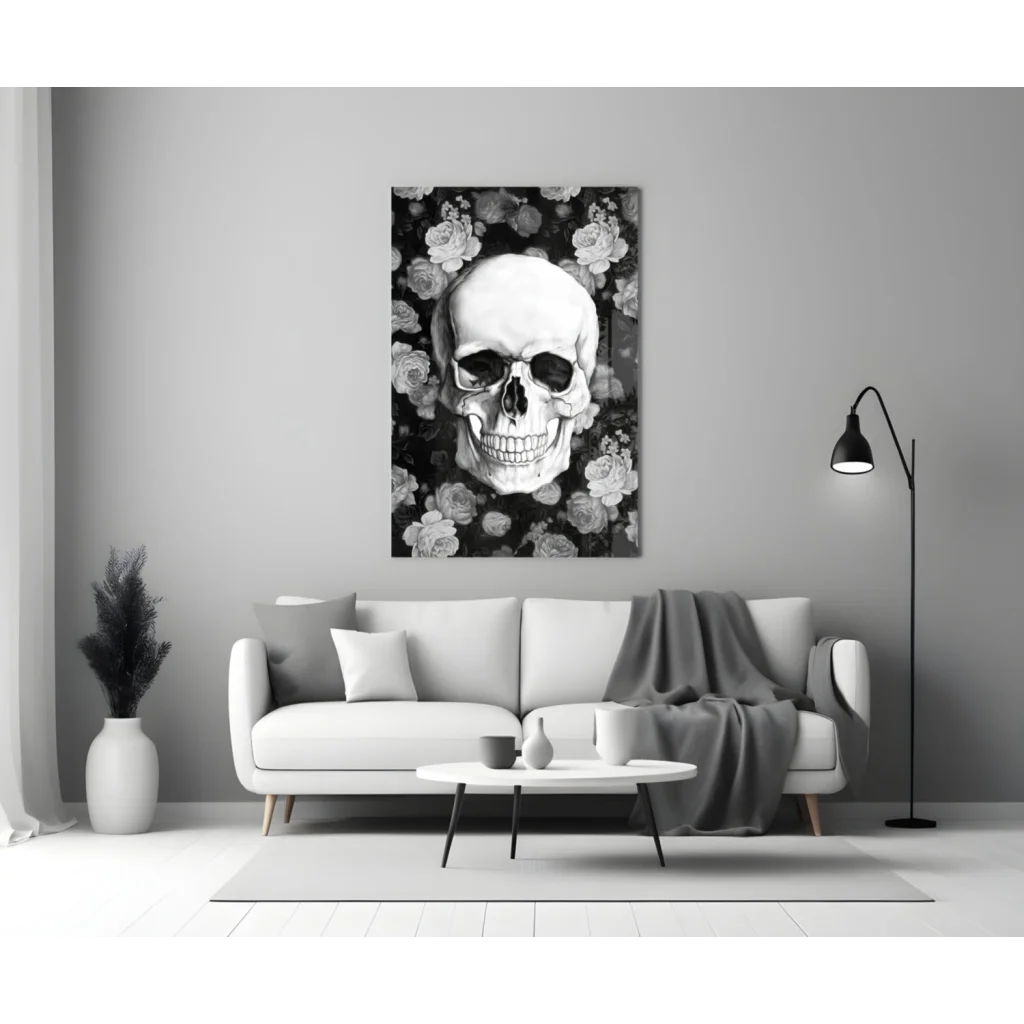Stunning black-and-white floral skull glass wall art above white sofa