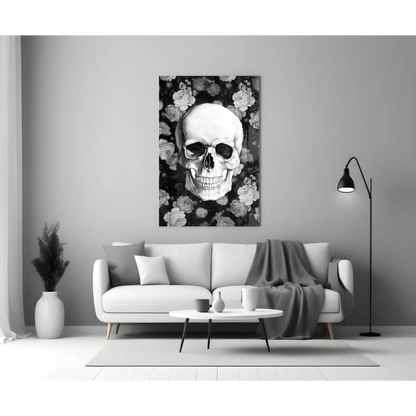 Stunning black-and-white floral skull glass wall art above white sofa