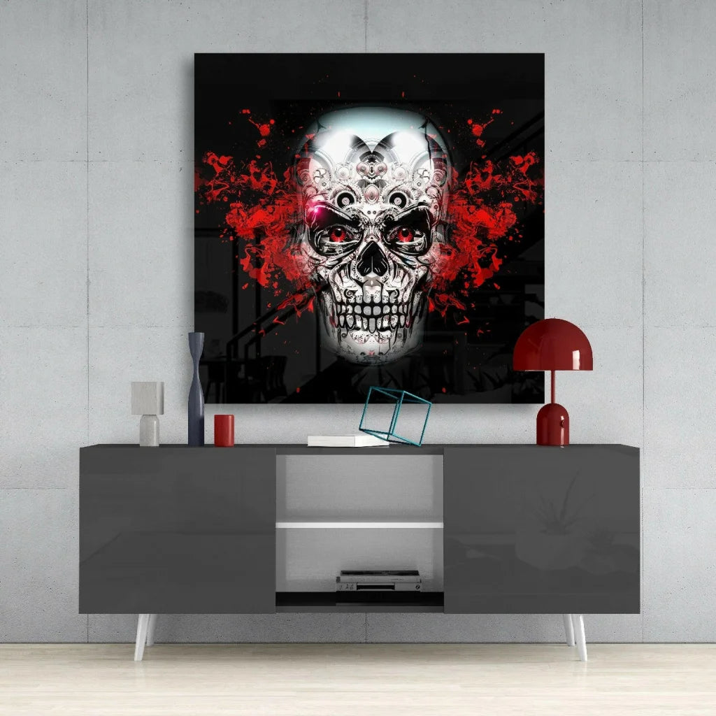 Striking black-and-white skull glass wall art with red splatters and glowing eyes
