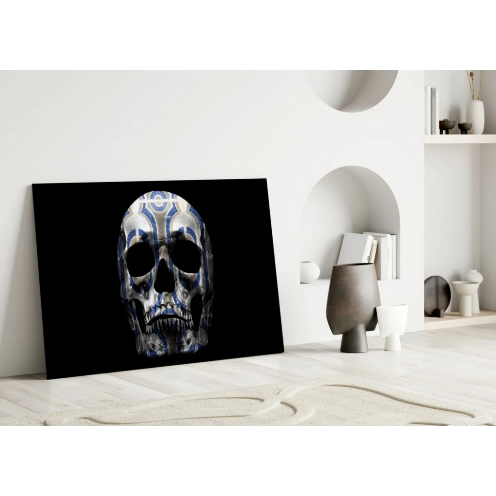 Geometric Skull Canvas Wall Art with Blue Tilework Design | Modern Wall Art Decor | vintageantiquesgifts.com
