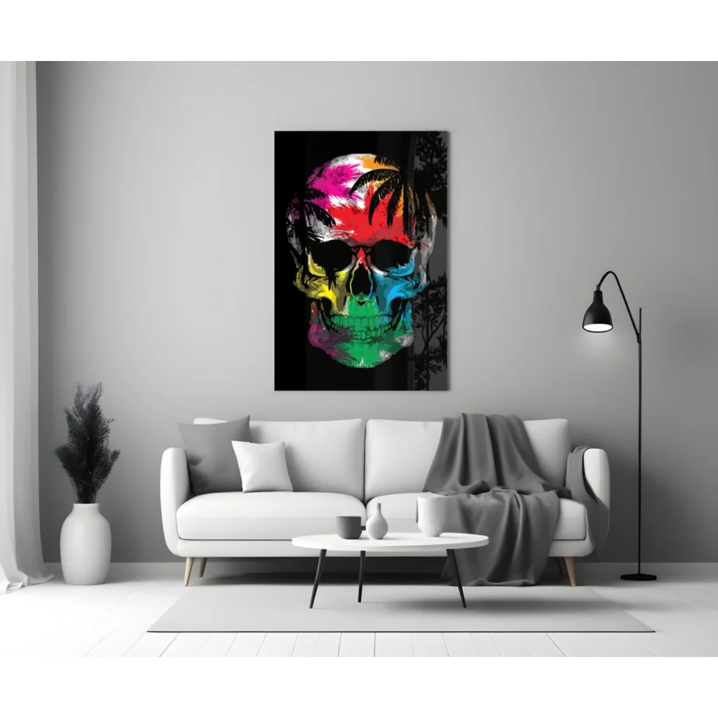 Vibrant multicolored skull glass wall art with tropical palms on black