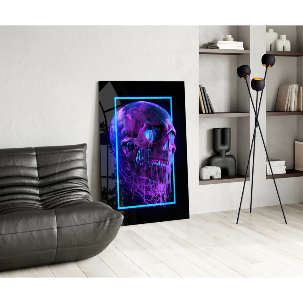 Neon skull glass wall art with glowing purple blue cyberpunk design