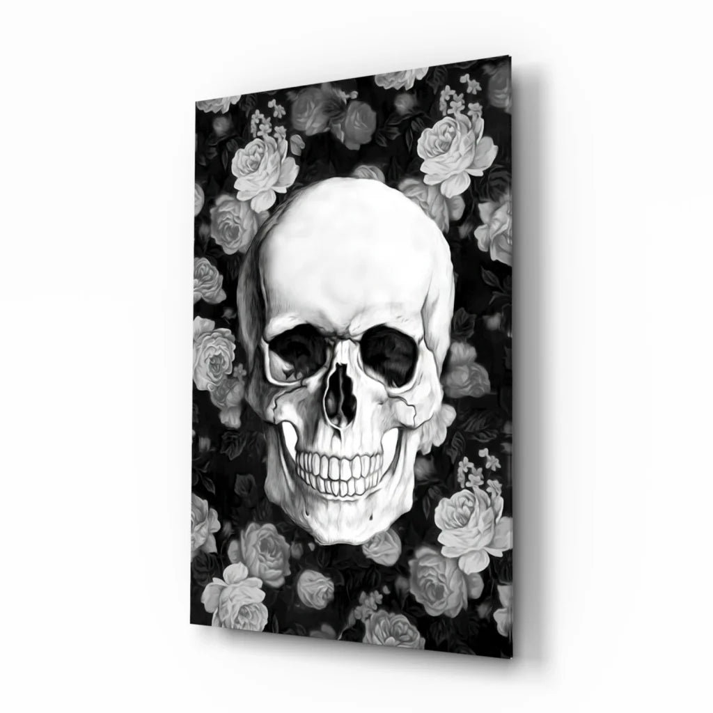 Bold black and white floral skull glass wall art canvas print