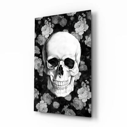 Bold black and white floral skull glass wall art canvas print