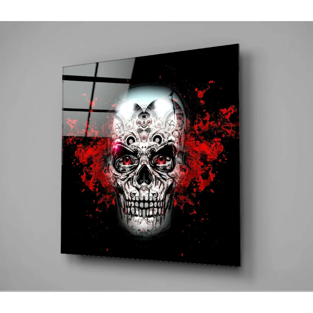 Glossy black white skull glass wall art with red splatter gears