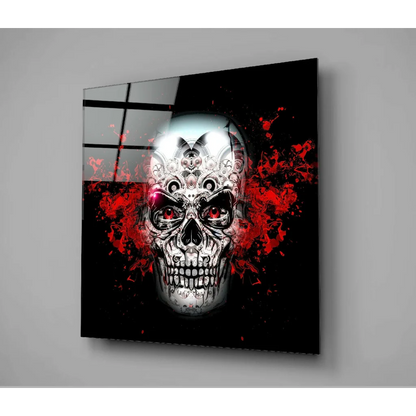 Glossy black white skull glass wall art with red splatter gears