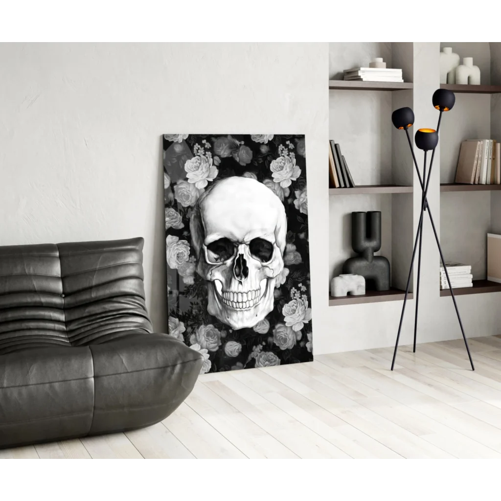 Stunning floral skull glass wall art in black and white canvas print