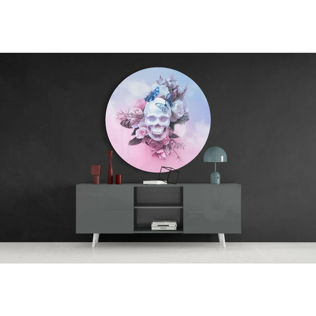 Butterfly Skull Tempered Glass Art with Pink Roses | Contemporary Home Wall Art | vintageantiquesgifts.com