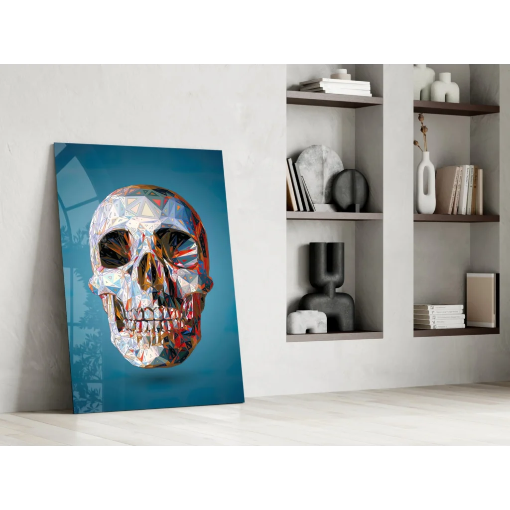 Vibrant geometric skull glass wall art in blue and gold on teal canvas