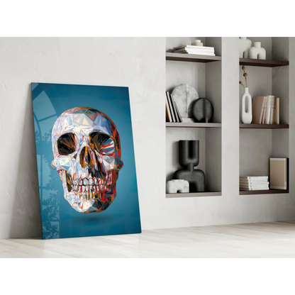 Vibrant geometric skull glass wall art in blue and gold on teal canvas