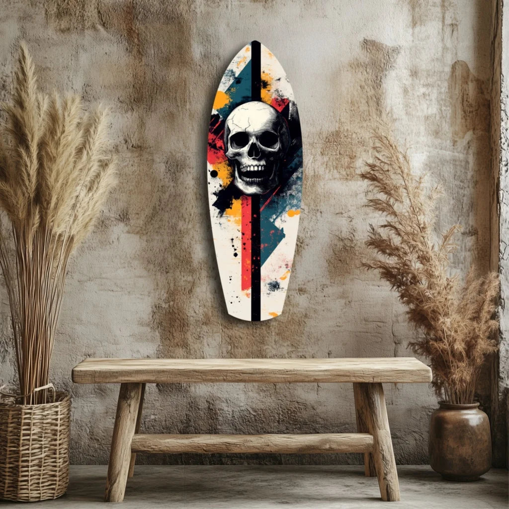 Skull Surfboard Tempered Glass Art with Bold Paint Splashes | Modern Wall Art Decor | vintageantiquesgifts.com