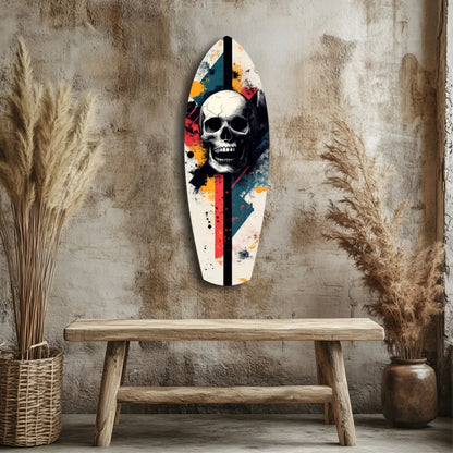 Skull Surfboard Tempered Glass Art with Bold Paint Splashes | Modern Wall Art Decor | vintageantiquesgifts.com