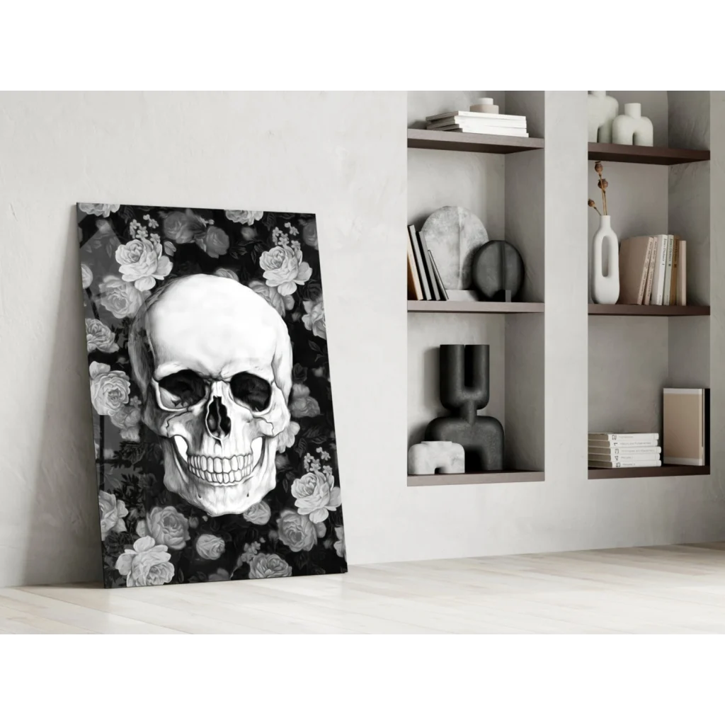 Stunning black and white floral skull glass wall art canvas print