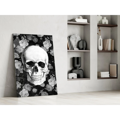 Stunning black and white floral skull glass wall art canvas print