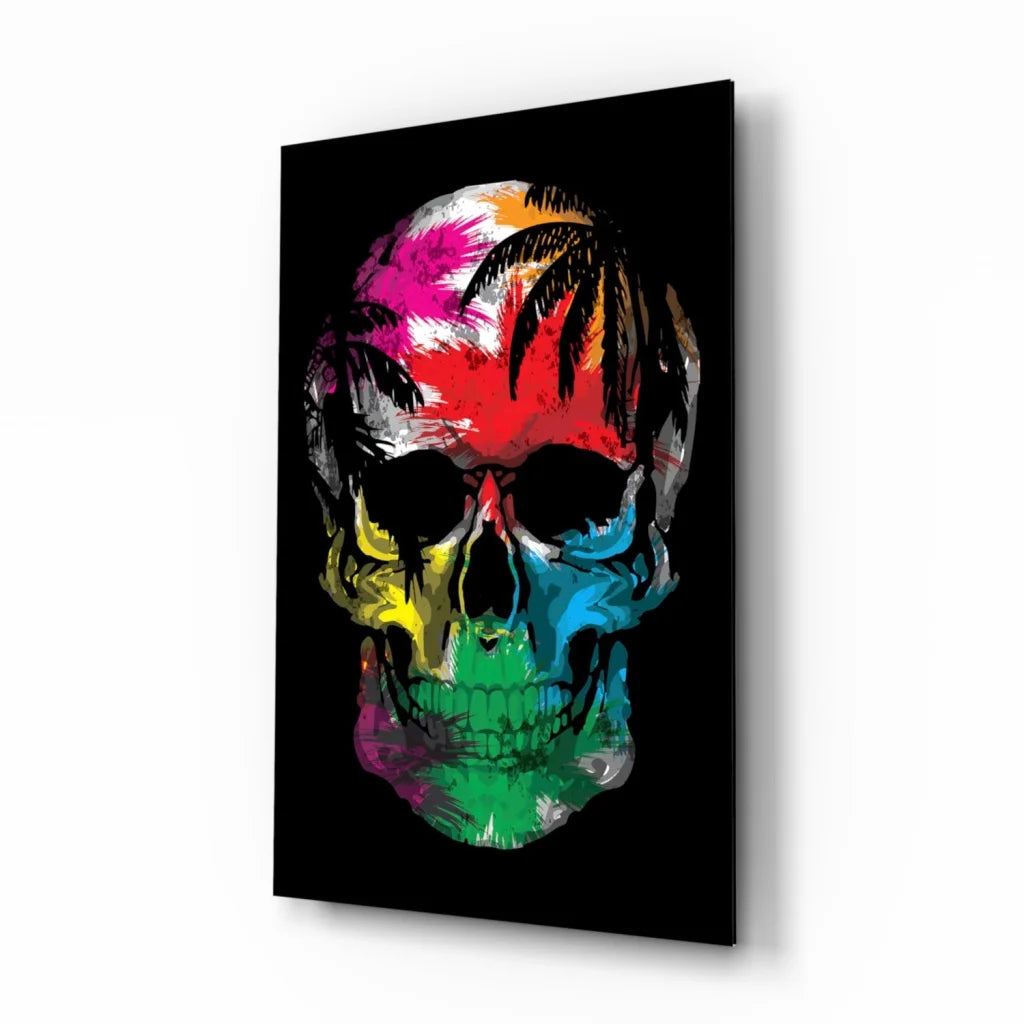 Vibrant multicolored skull glass wall art with tropical palms on black
