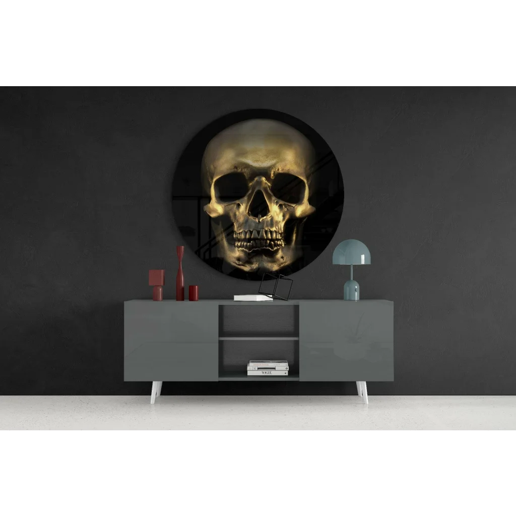 Stunning Golden Skull Tempered Glass Art With Metallic Finish | Contemporary Home Wall Art | vintageantiquesgifts.com