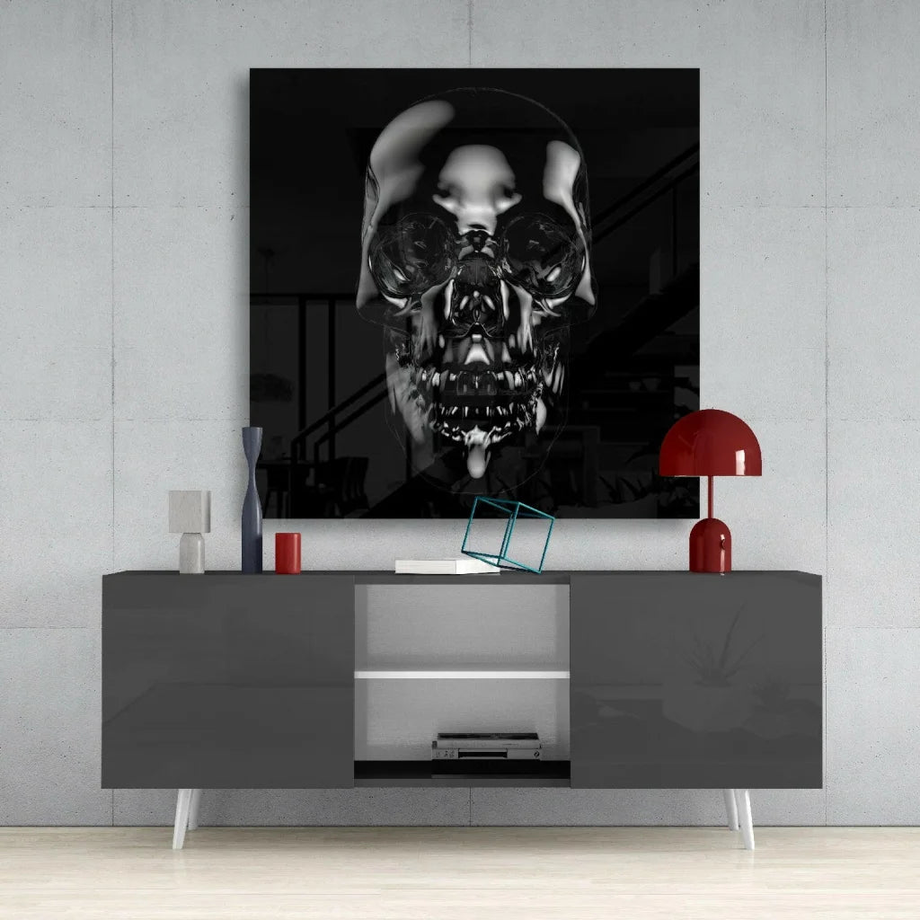 Glossy black skull glass wall art with reflective eyes